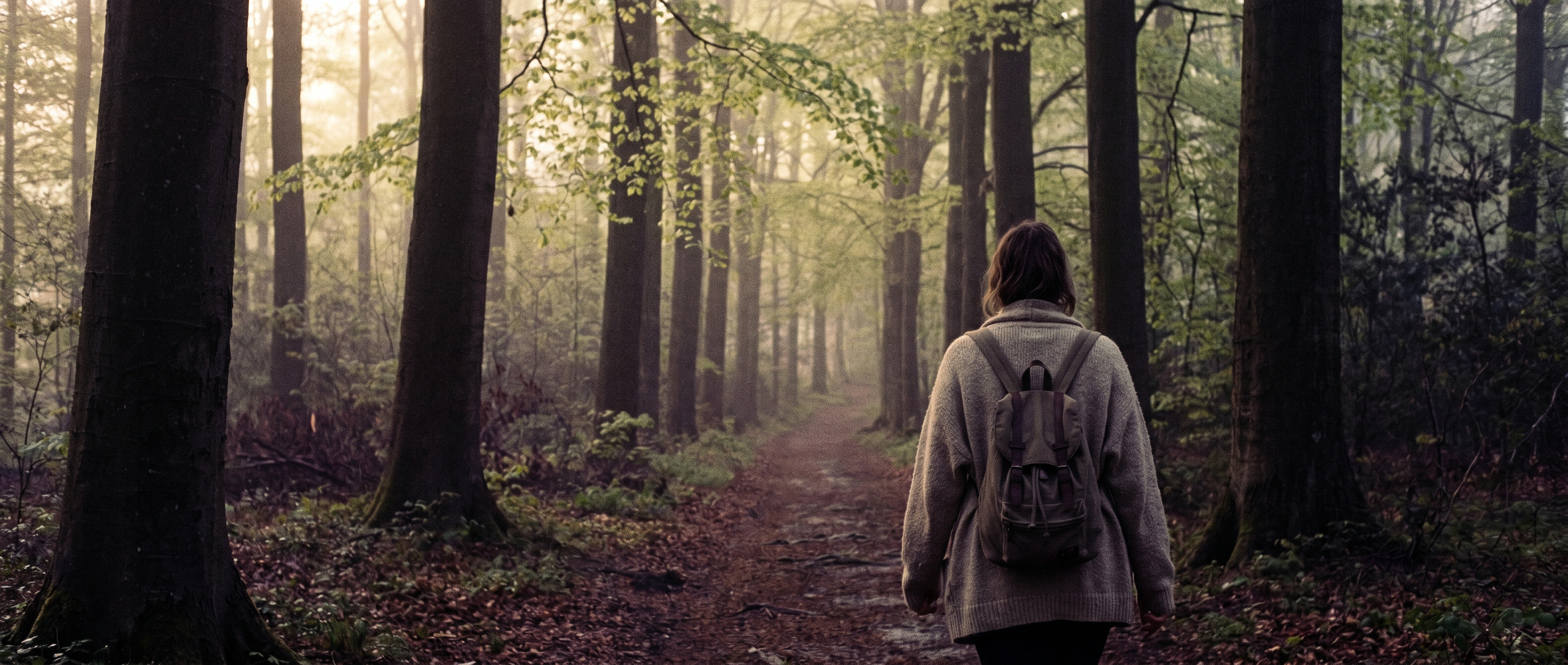 Frau auf Waldweg im Morgenlicht