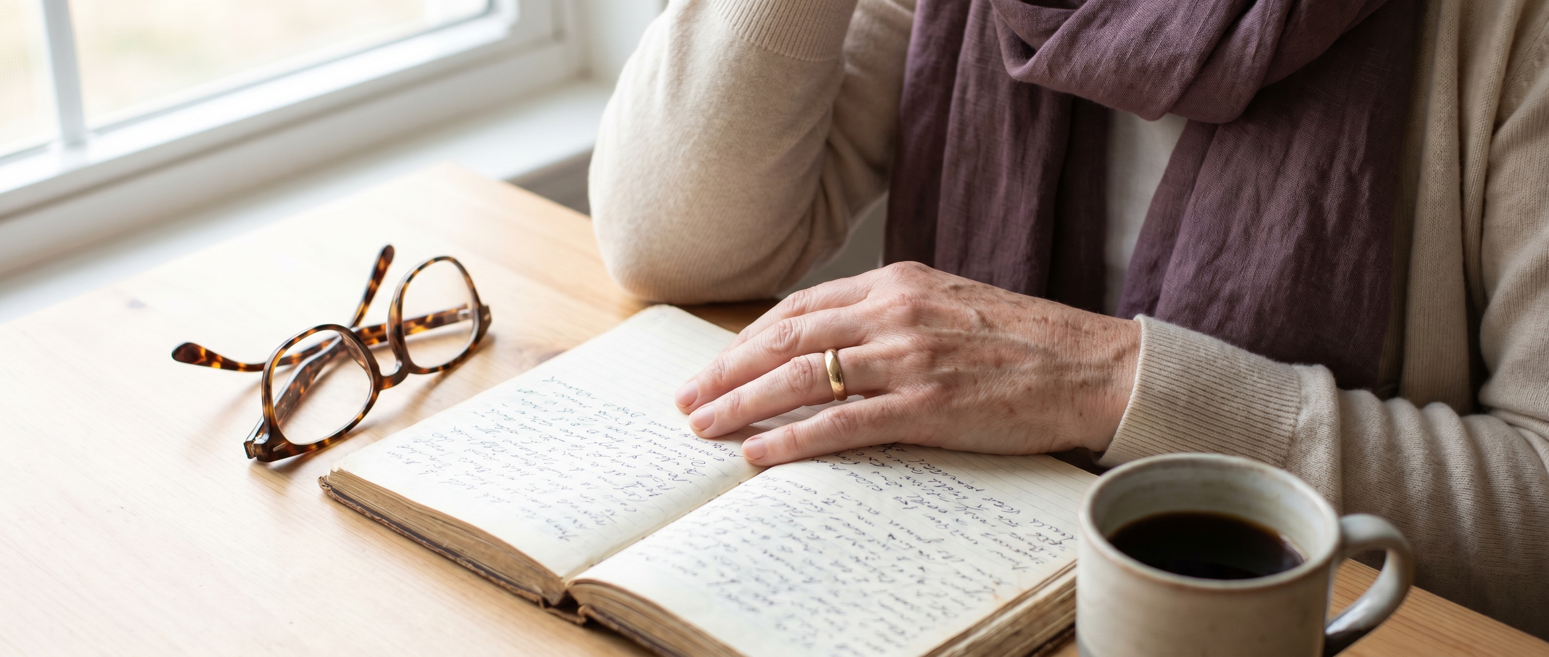 Notizbuch, Lesebrille, Kaffee am Fenster